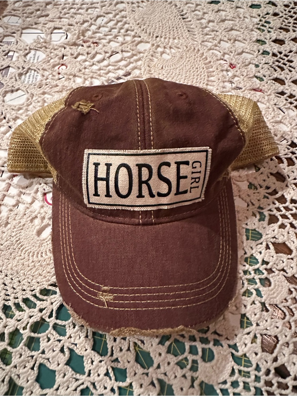 Brown and Tan 'HORSE GIRL' Distressed Mesh Back Hat